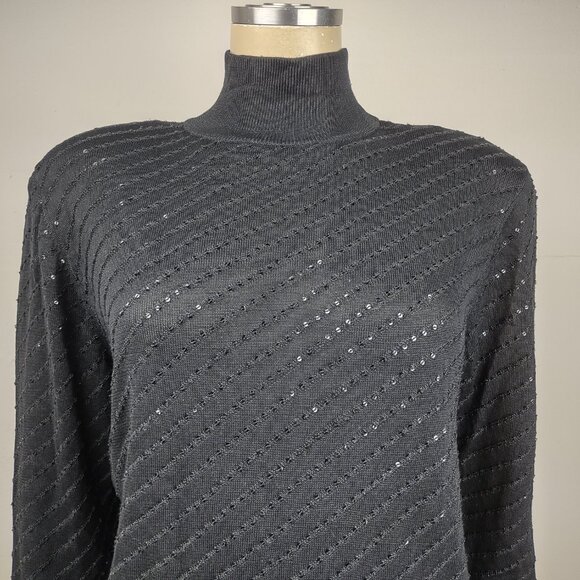 Carlisle black sparkly sequin 100% Silk mock neck knit top blouse ladies Large - Picture 2 of 7